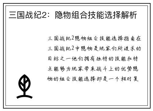 三国战纪2：隐物组合技能选择解析